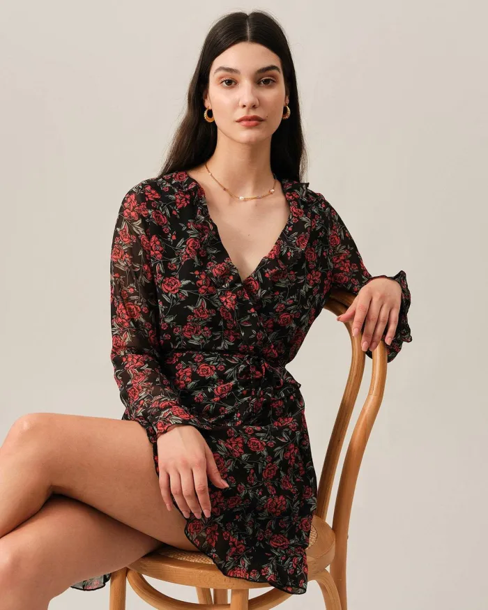 The V Neck Ruffle Wrap Mini Dress