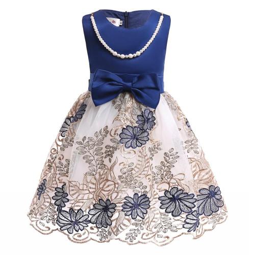 Girls Blue Bowknot Fewer Lace Party Gown Dress Within Pearl Necklace