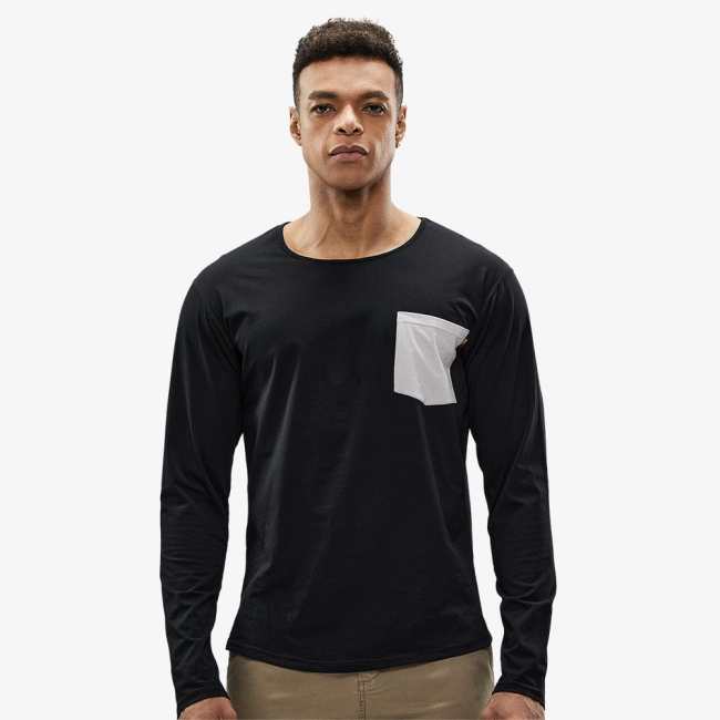 Men Cotton Pocket T-Shirt Crew Neck Shirts With Curved Hem