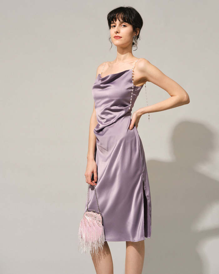 The Solid Cowl Neck Pearl Strap Midi Dress