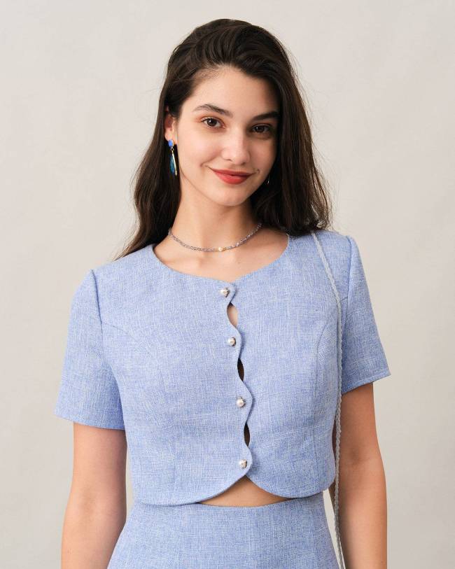 The Pearl Button Tweed Tailored Top