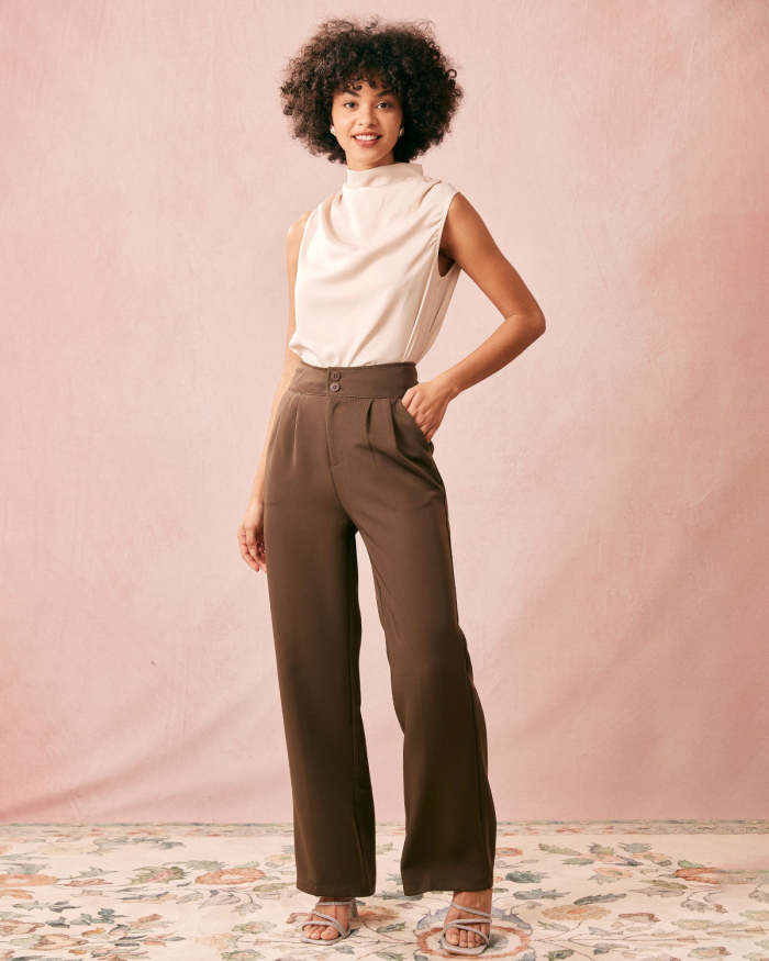 The Coffee High Waisted Pleated Straight Pants