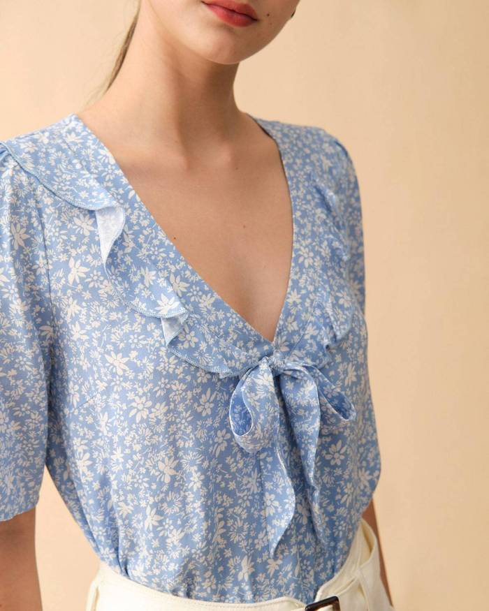 The V Neck Ruffle Trim Knotted Blouse