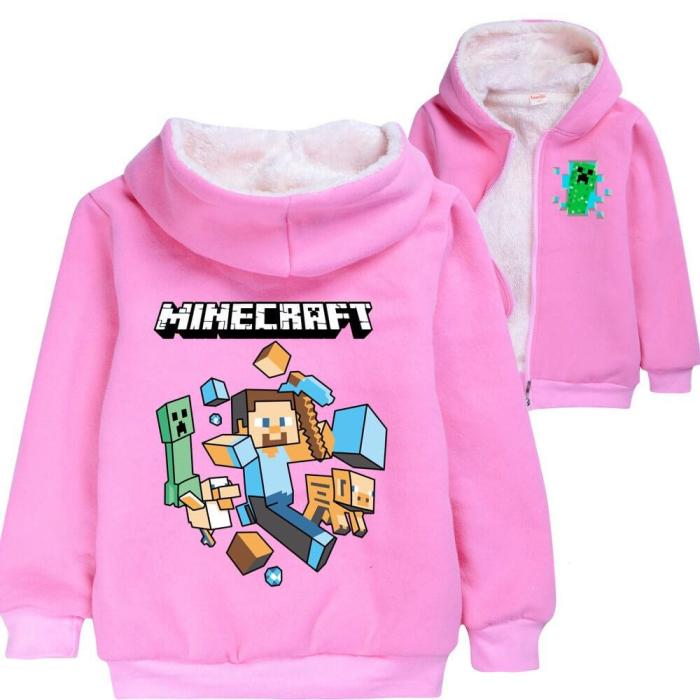 Minecraft Print Girls Pink Fleece Lined Winter Cotton Zip Up Hoodie