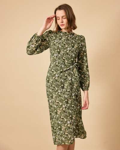 The Round Neck Sheer Long Sleeve Floral Midi Dress