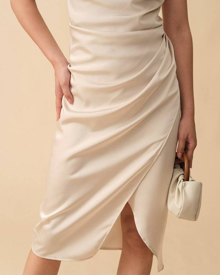 The Satin Ruched Slit Midi Dress