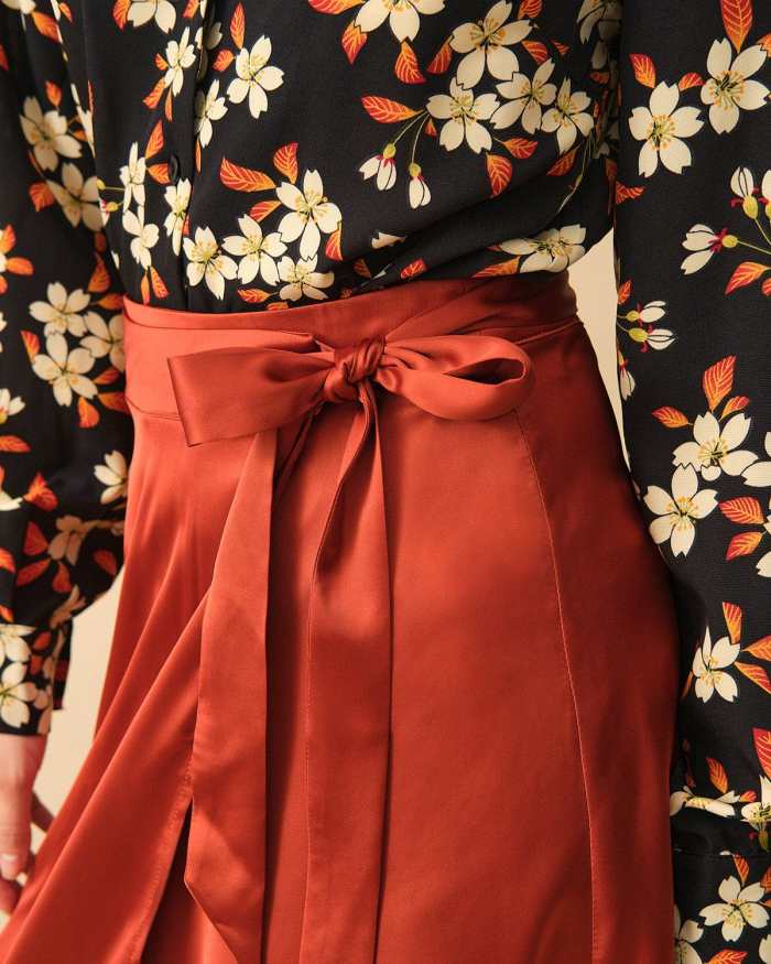 The Solid Satin Tie Waist Skirt