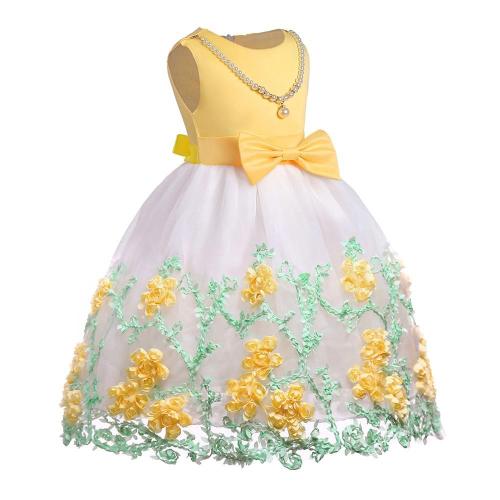 Yellow Flower Girls Pearl Necklace Tulle Bowknot Princess Gown Dress