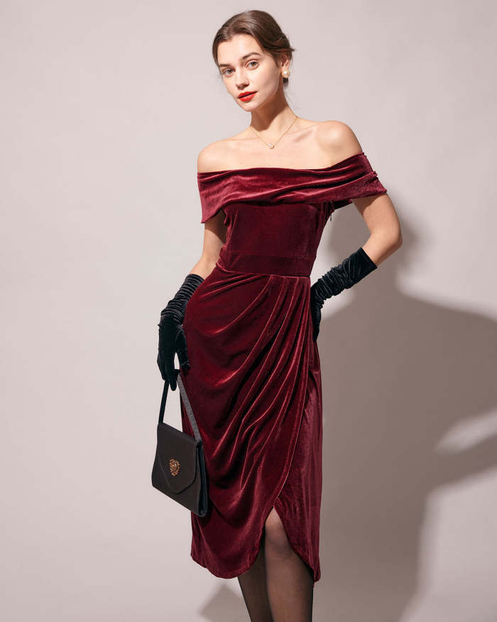 The Wine Red Off-The-Shoulder Ruched Velvet Midi Dress