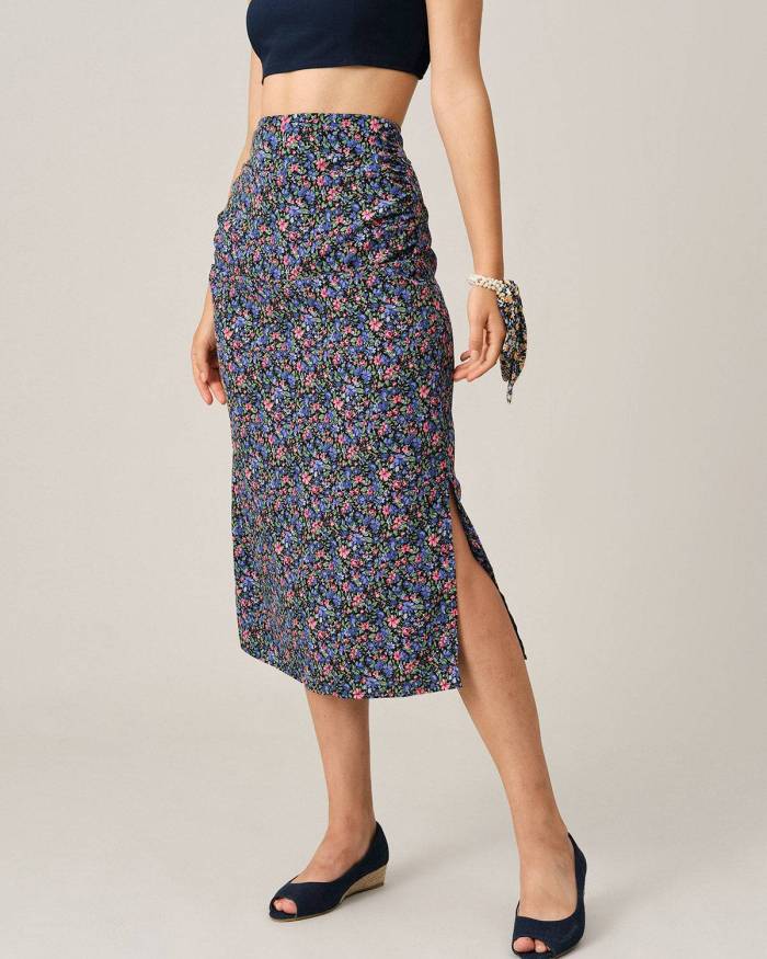 The Ruched Floral Retro Midi Skirt