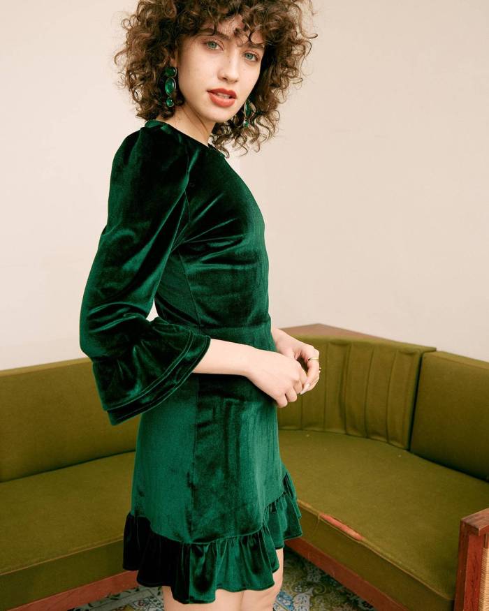 The Green Long Sleeve Velvet Mini Dress