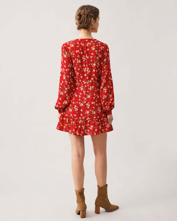 The Red V Neck Floral Long Sleeve Ruffle Mini Dress