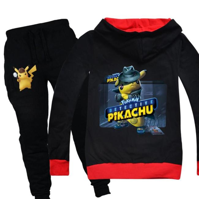 Boys Girls Detective Pikachu Cotton Hoodie And Sweatpants Outfit Set