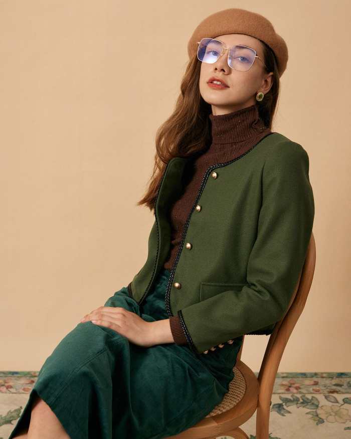 The Green Round Neck Button-Up Jacket