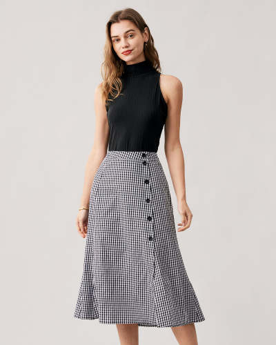 The Black High Waisted Plaid Slit Midi Skirt