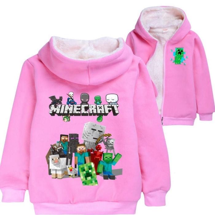 Mosaic Patterned Minecraft Print Girls Pink Fleece Lined Zip Up Hoodie