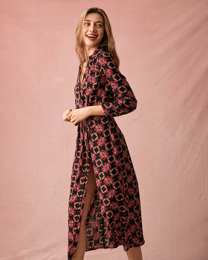 The Lapel Floral Long Sleeve Maxi Dress