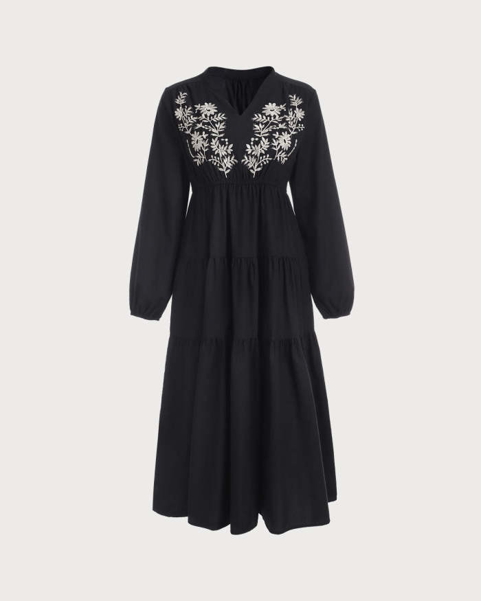 The Black V Neck Floral Embroidery Midi Dress