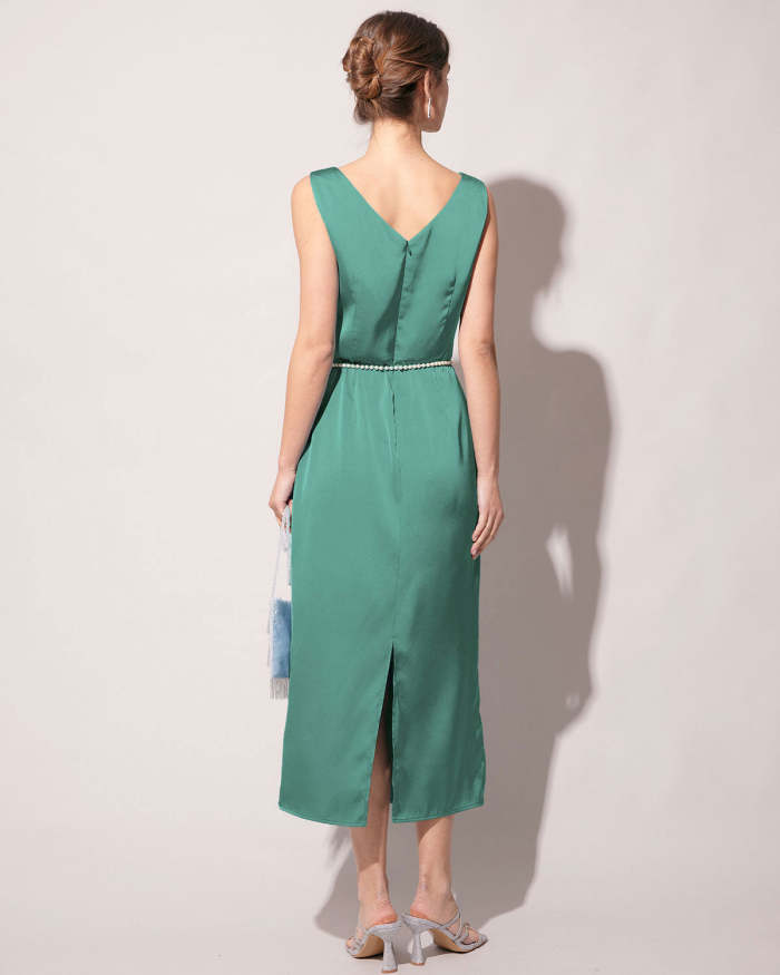 The Green Round Neck Sleeveless Satin Midi Dress