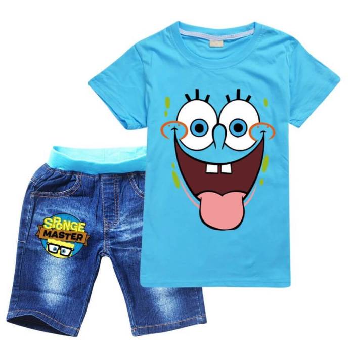 Spongebob Print Girls Boys Cotton T Shirt And Denim Shorts Set