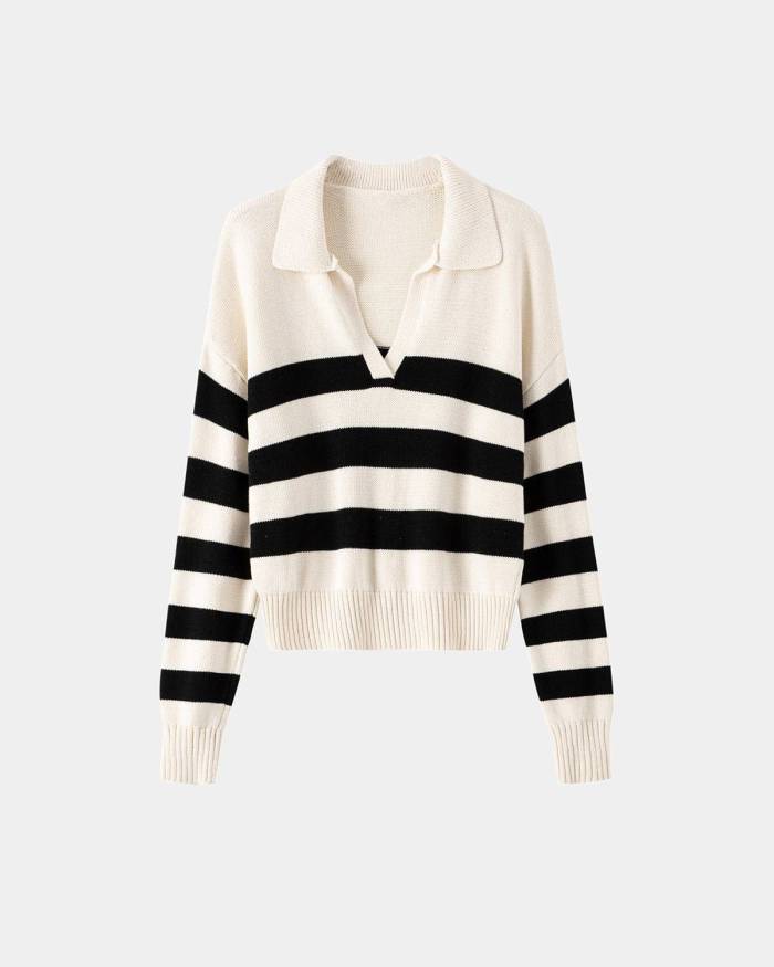 The Stripe Notched Collar Sweater
