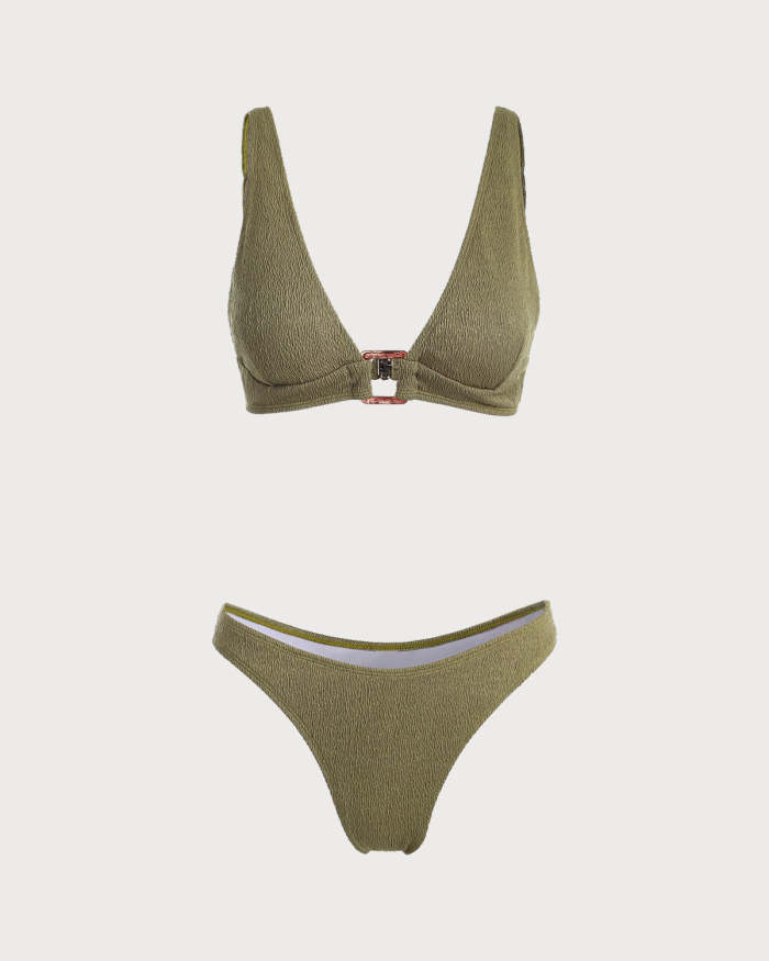 The Army Green V Neck Textured Bikini Set