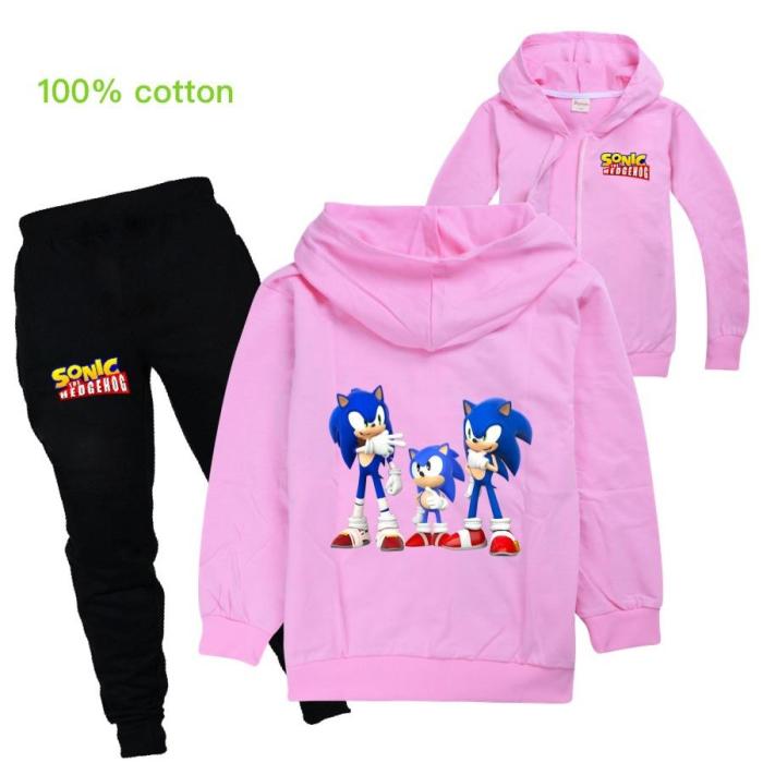 Sonic The Hedgehog Print Girls Boys Cotton Zip Hoodie Sweatpants Set