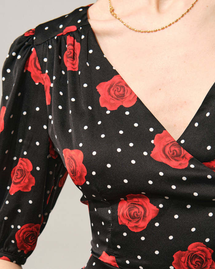 The V Neck Puff Sleeve Floral Wrap Midi Dress
