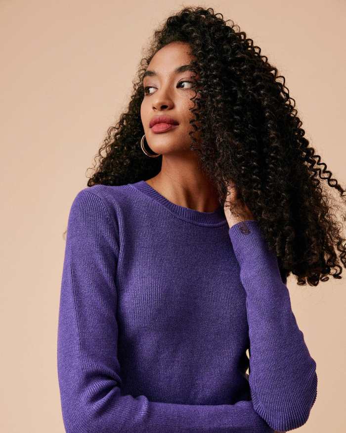 The Purple Round Neck Long Sleeve Sweater Dress