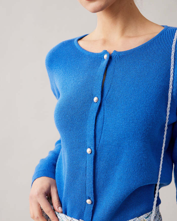 The Blue Round Neck Button Up Knit Cardigan
