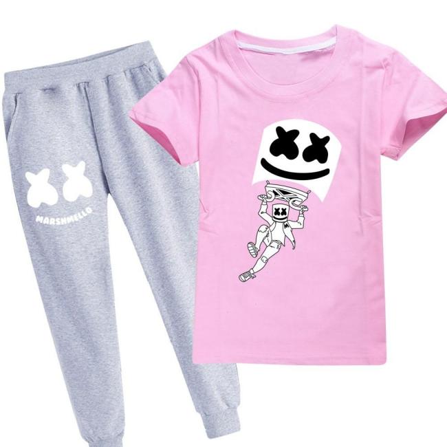 Boys Girls Fly Dj Marshmello Print Cotton T Shirt And Grey Sweatpants