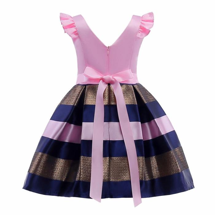Girls Ruffle Pink Bodice Stripe Skater Birthday Party Gown Dress