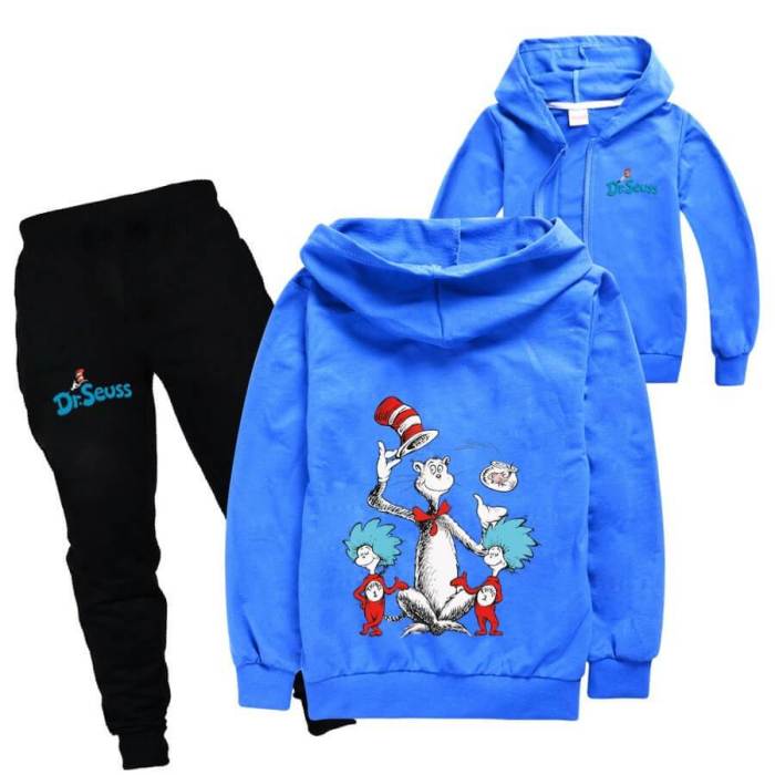 Dr. Seuss Cat Print Girls Boys Cotton Zip Up Hoodie And Sweatpants Set