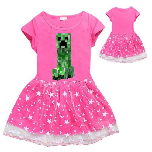 Minecraft Print 4-12 Girls Pink Short Sleeve Stars Moons Tulle Dress