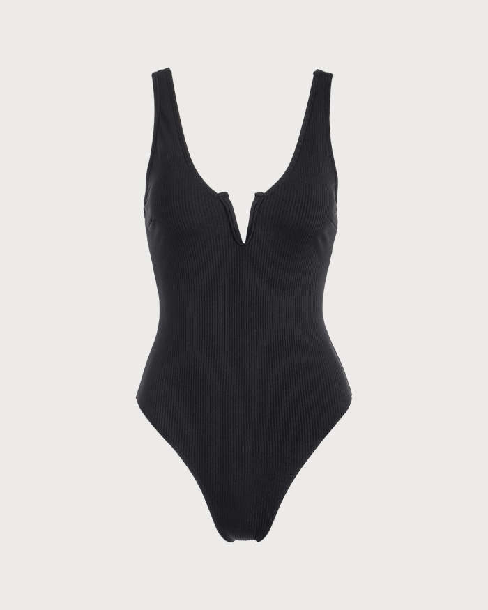 The Black V Neck Notched One-Piece Swimsuit