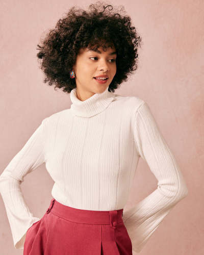 The White Turtleneck Flare Sleeve Knit Top