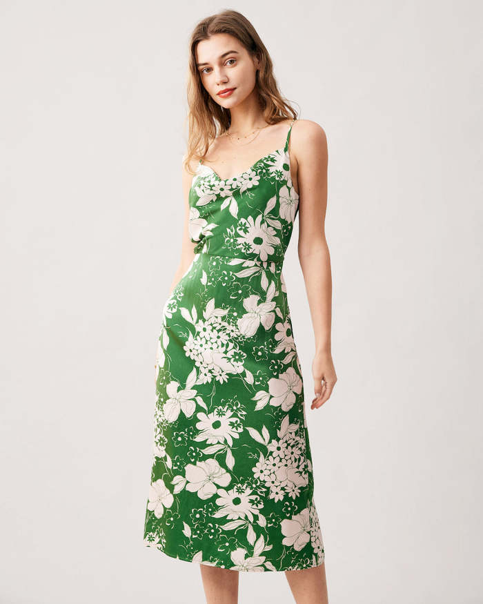 The Green Cowl Neck Floral Back Slit Midi Dress