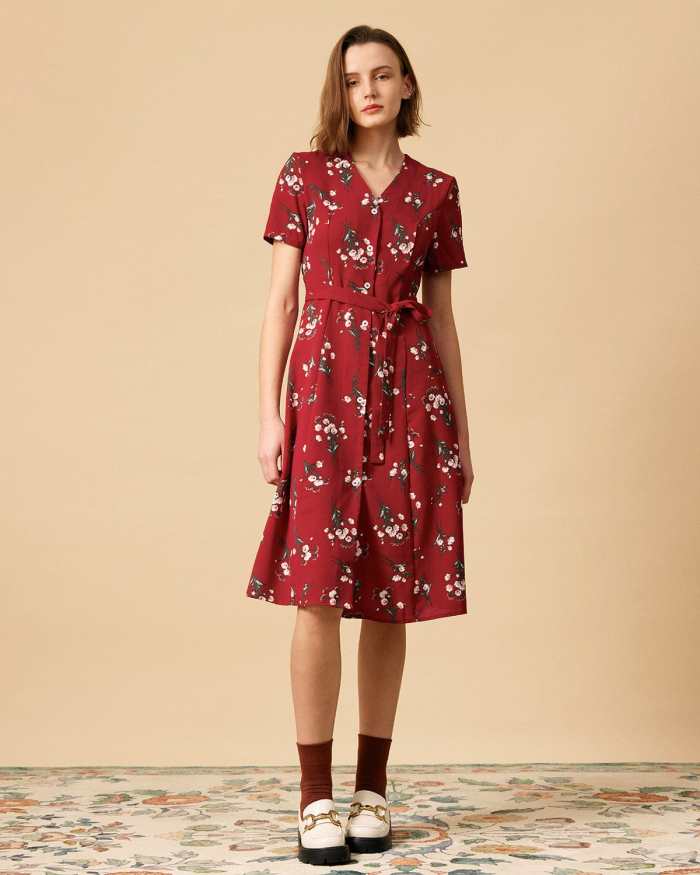 The V Neck Knotted Floral Midi Dress