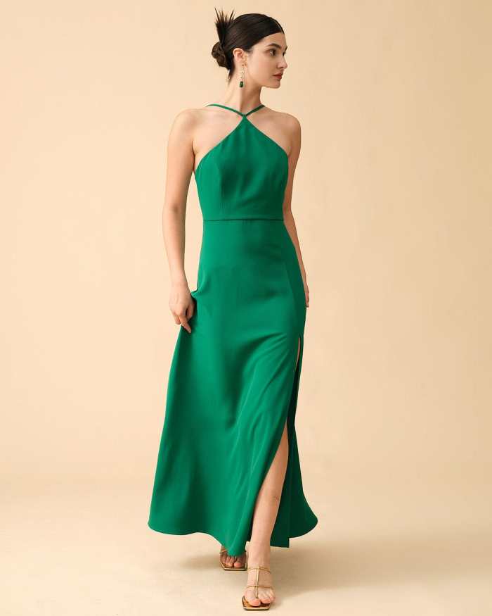 The Solid Backless Side Slit Maxi Dress