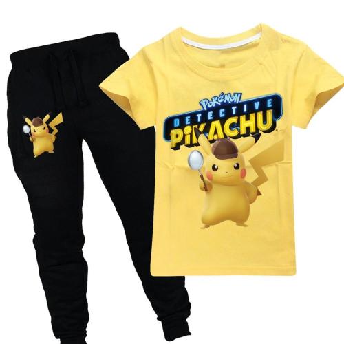 Girls Boys Pikachu Multicolor Cotton T Shirt And Black Sweatpants Suit
