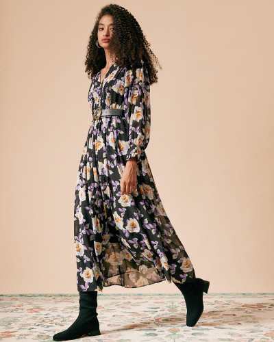 The V Neck Ruffle Floral Long Sleeve Maxi Dress