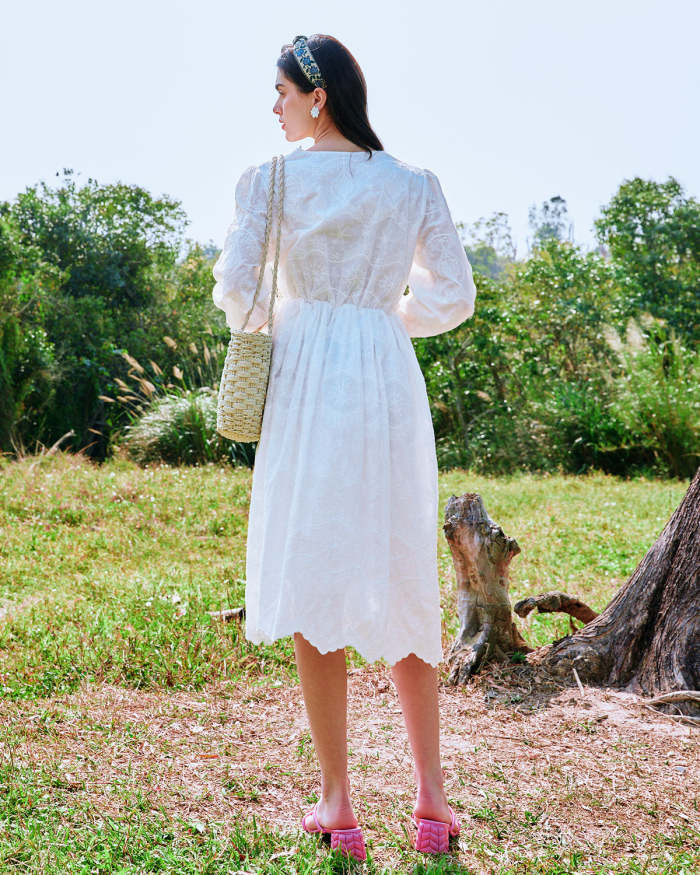 The White V Neck Lace Trim Long Sleeve Midi Dress
