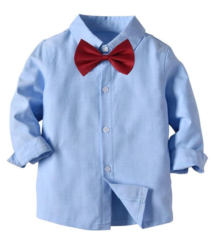 Boys Outfit Set Blue Cotton Shirt With Bow Tie And Suspender Pants