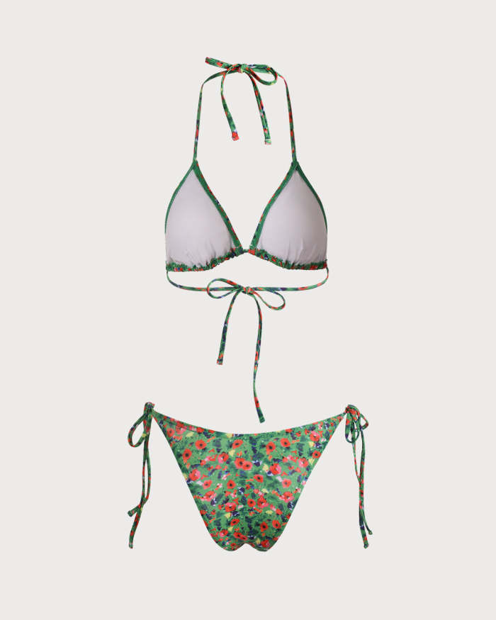 The Green V Neck Floral Tie Back Bikini Set