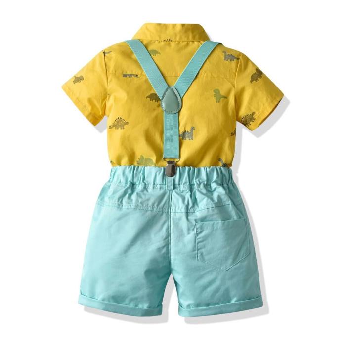 Boys Yellow Dinosaur Shirt With Bowtie And Blue Shorts 4-Set Suits