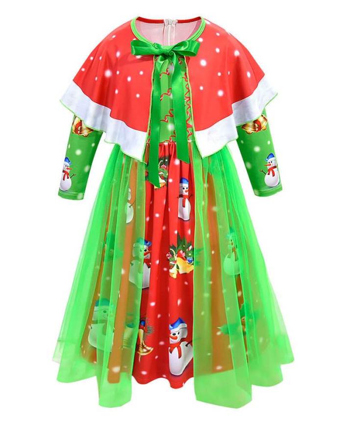 Girls Christmas Tree Dress With Cape School Play Costume