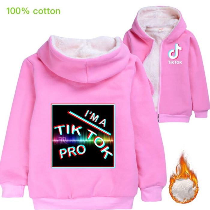 Tik Tok Print Girls Boys Zip Up Fleece Lined Cotton Hooded Jacket
