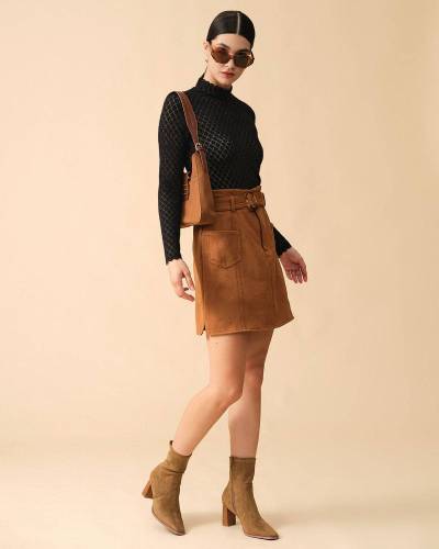 The Solid High Waisted Belted Suede Skirt