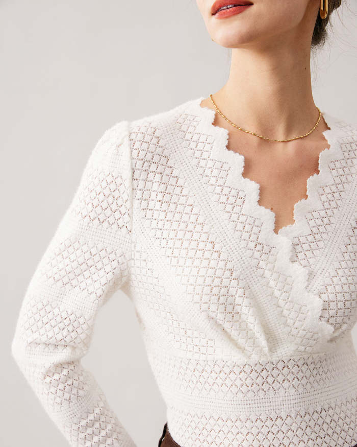 The White V Neck See Through Knit Top