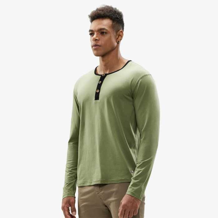 Men Long Sleeve Henley Shirts Casual Cotton Tee Shirt